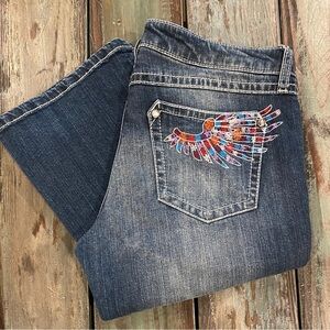 Wrangler 9/10 Rock 47 Ultra Low Rise Jeans Bootcut Womens Colorful Wings Stretch